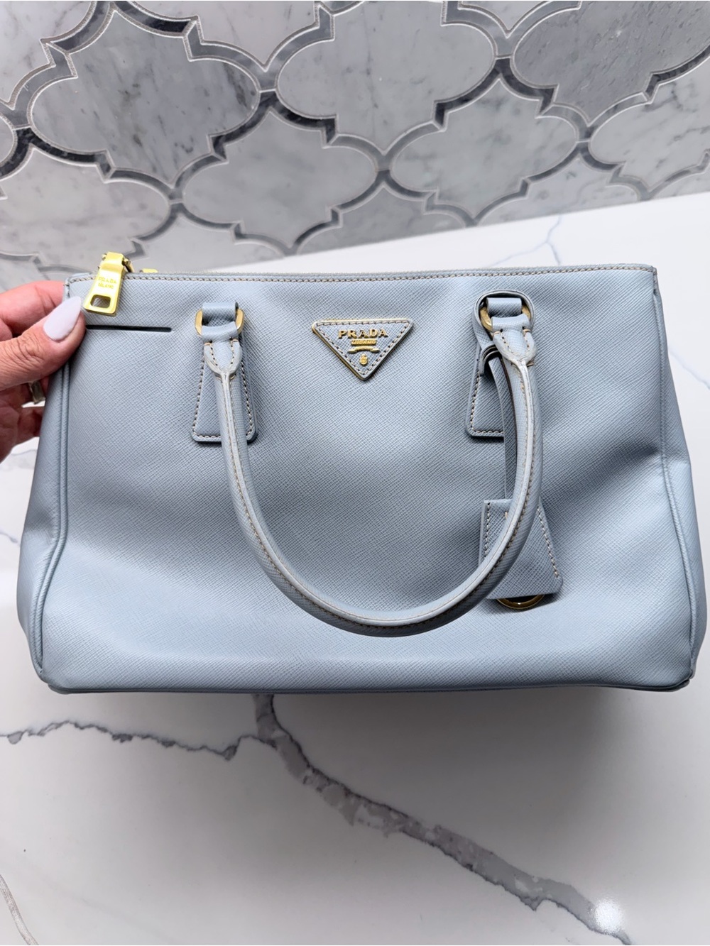 Prada Light Blue Saffiano Leather Tote with Gold Hardware - Picture 2 of 8